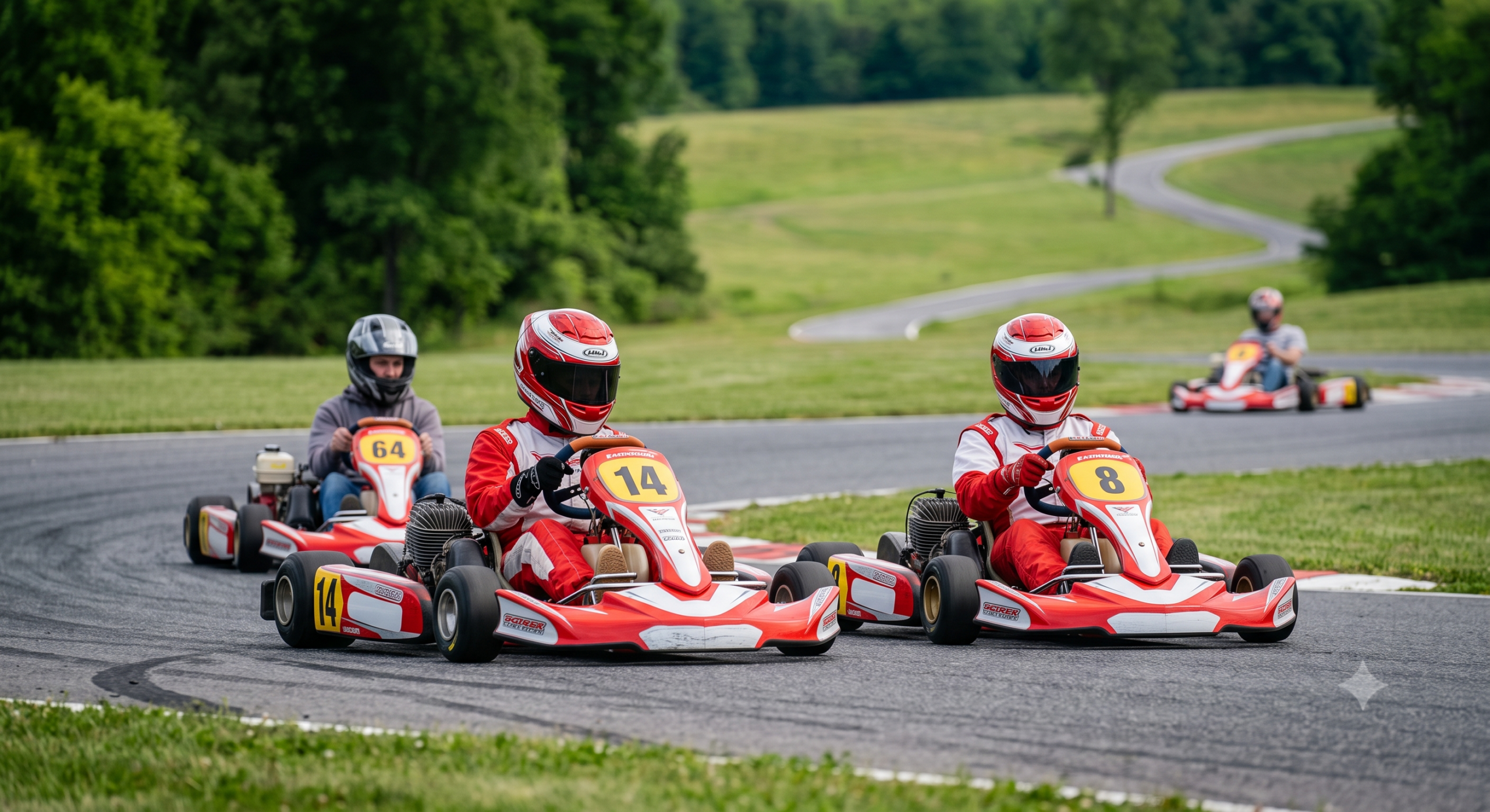 a small group of kids and adults go-karting outdoors on a paved course in the virginia woods