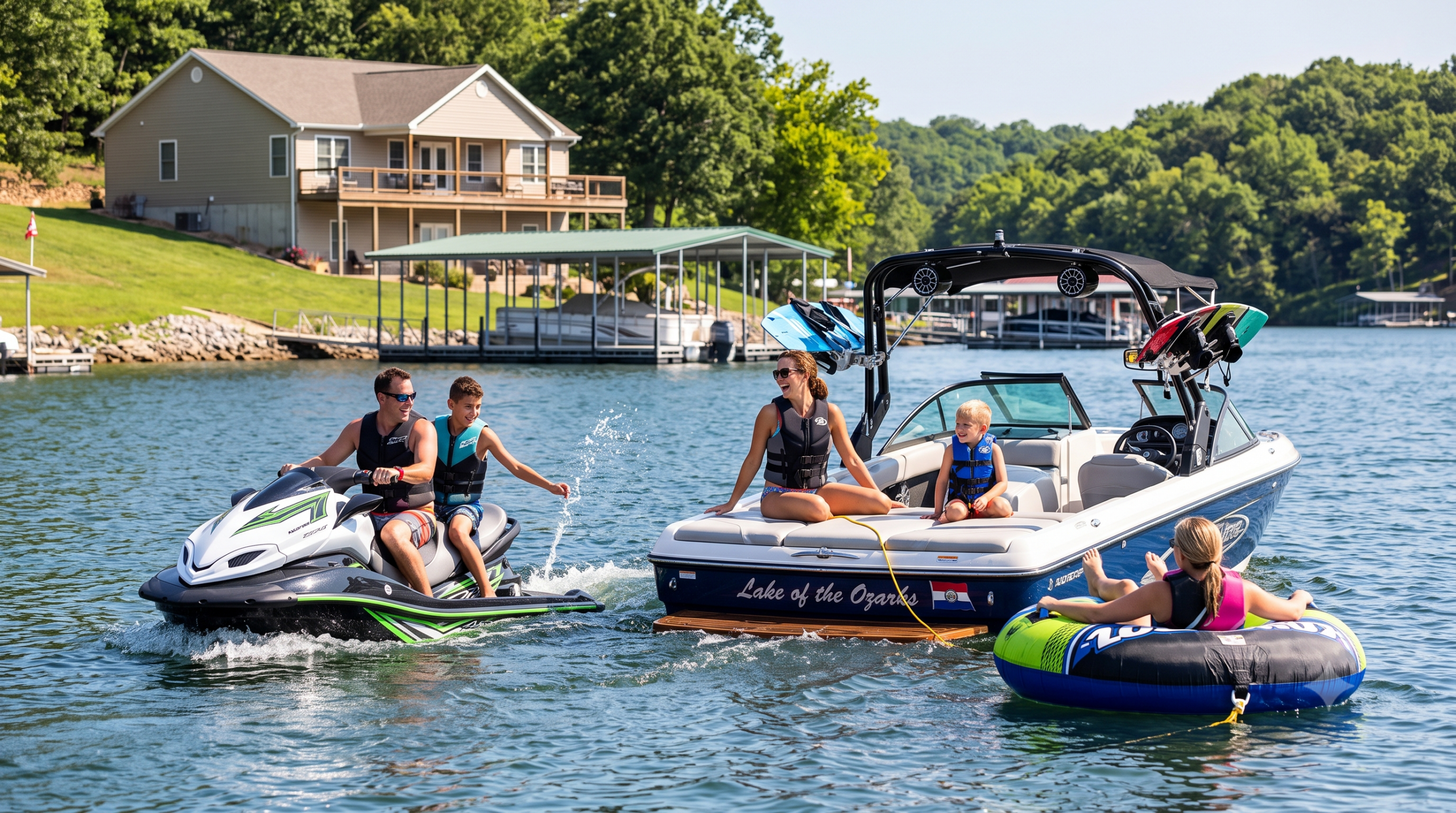 A family on Lake Ozark doing various watersports - the dad and son are on a jet ski, Mom and youngest son on a boat tugging the daughter on an innertube.